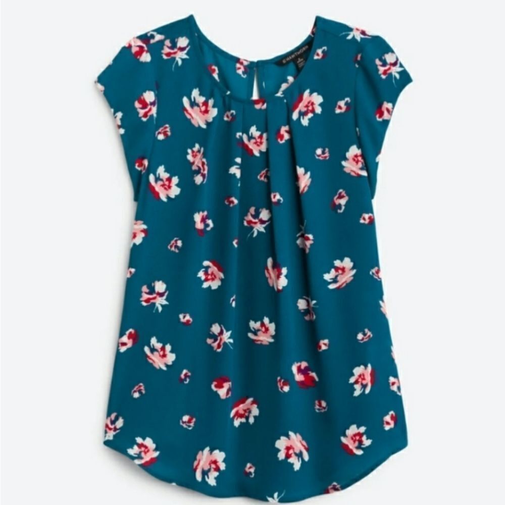 41 Hawthorn Lexie Pleat Front Blouse Teal Green Floral Cap Sleeve XS WGW10685